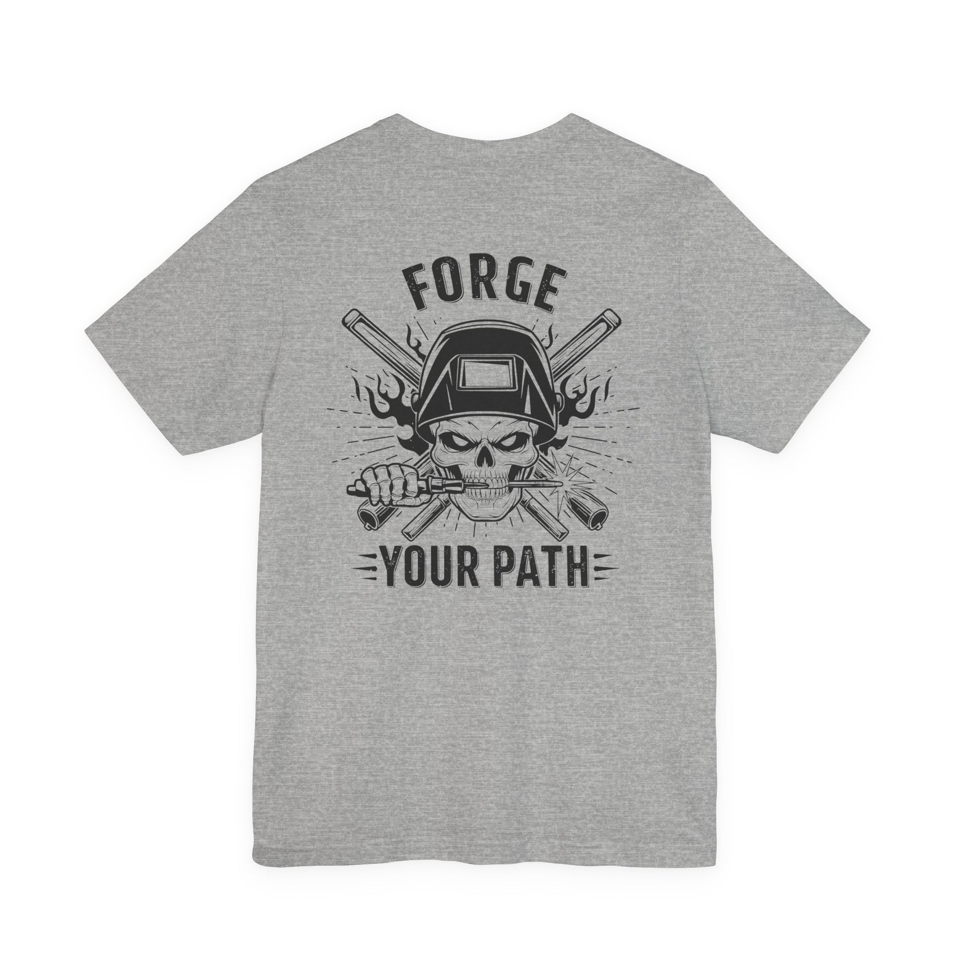 Gray t-shirt with black graphic design and 'Forge Your Path' text on a white background