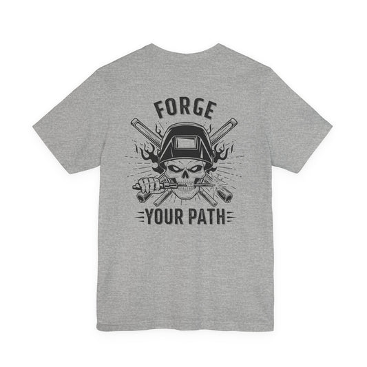 Gray t-shirt with black graphic design and 'Forge Your Path' text on a white background