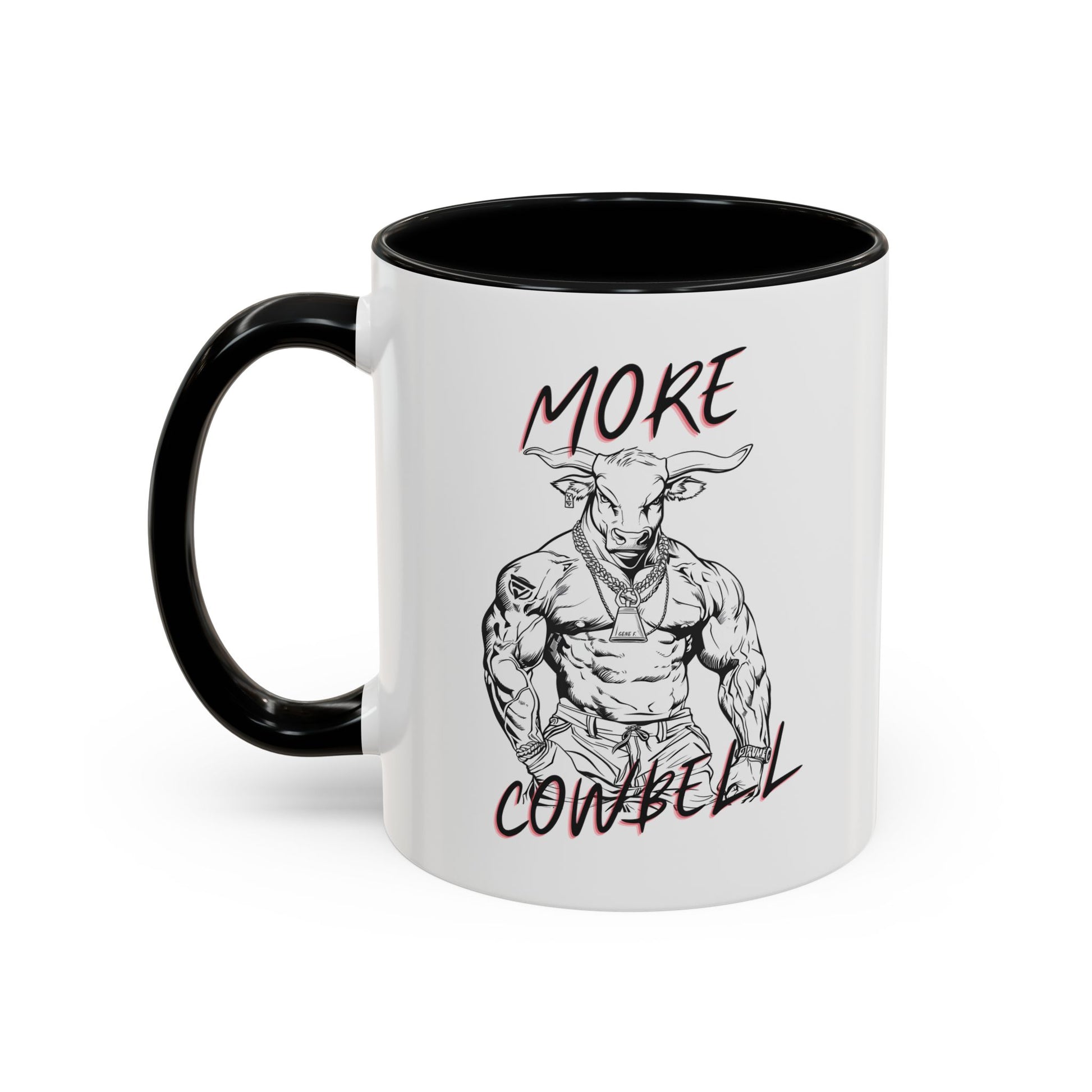 Mug with a graphic of a muscular bull and text 'More Cowbell' on a white background