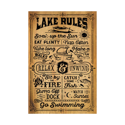 Wooden sign with 'Lake Rules' text and illustrations on a white background