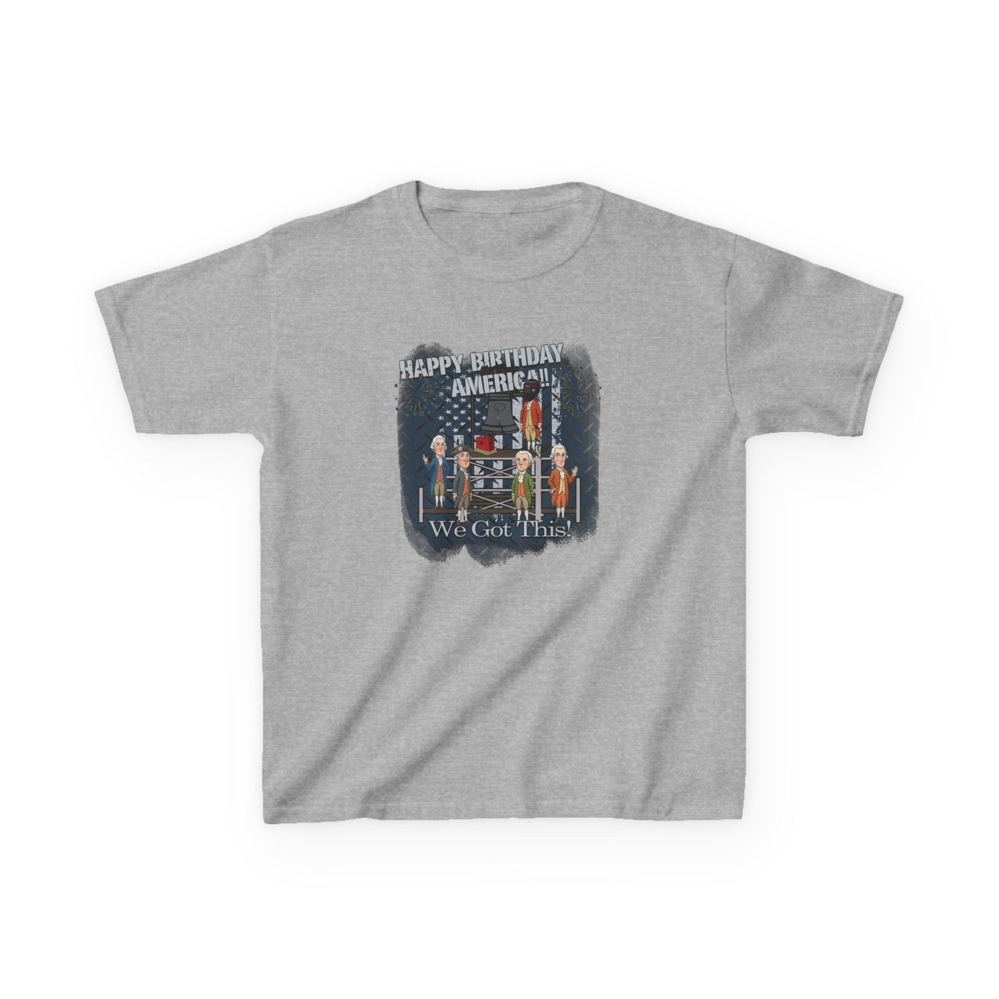 Gray t-shirt with graphic design and text on a white background