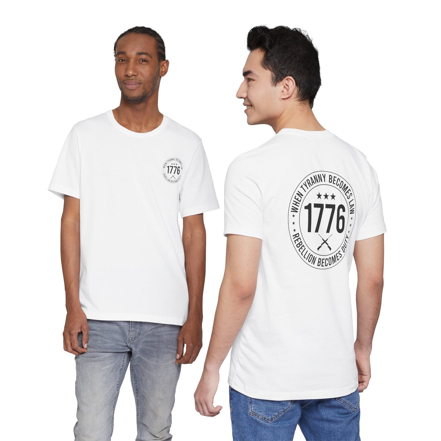 Two men wearing white t-shirts with a 1776 design, one facing front and the other back, on a white background.