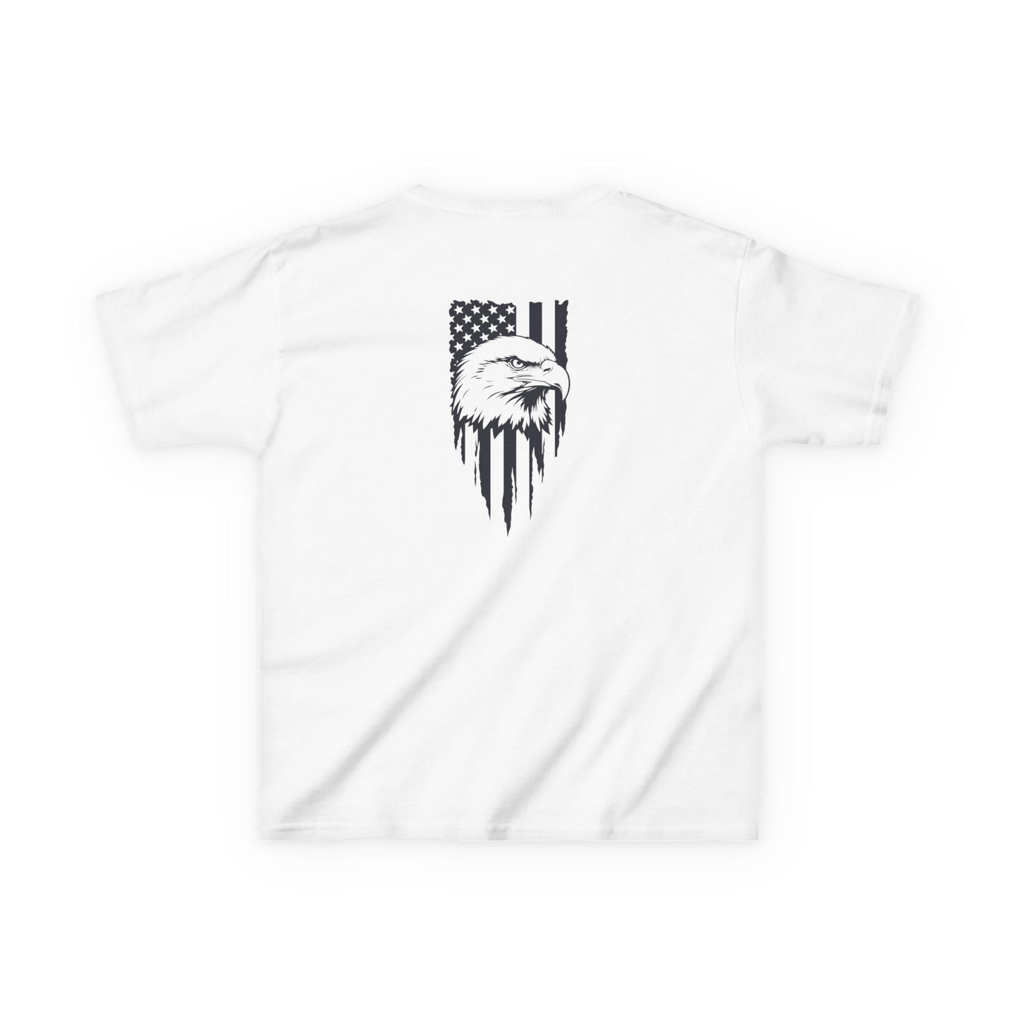 White t-shirt with black eagle and flag design on a white background