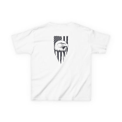 White t-shirt with black eagle and flag design on a white background