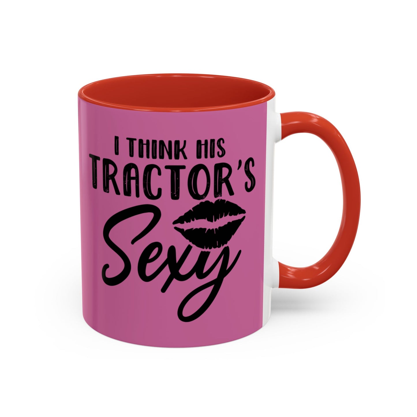 Pink mug with red interior and handle featuring text and a lipstick kiss mark on a white background
