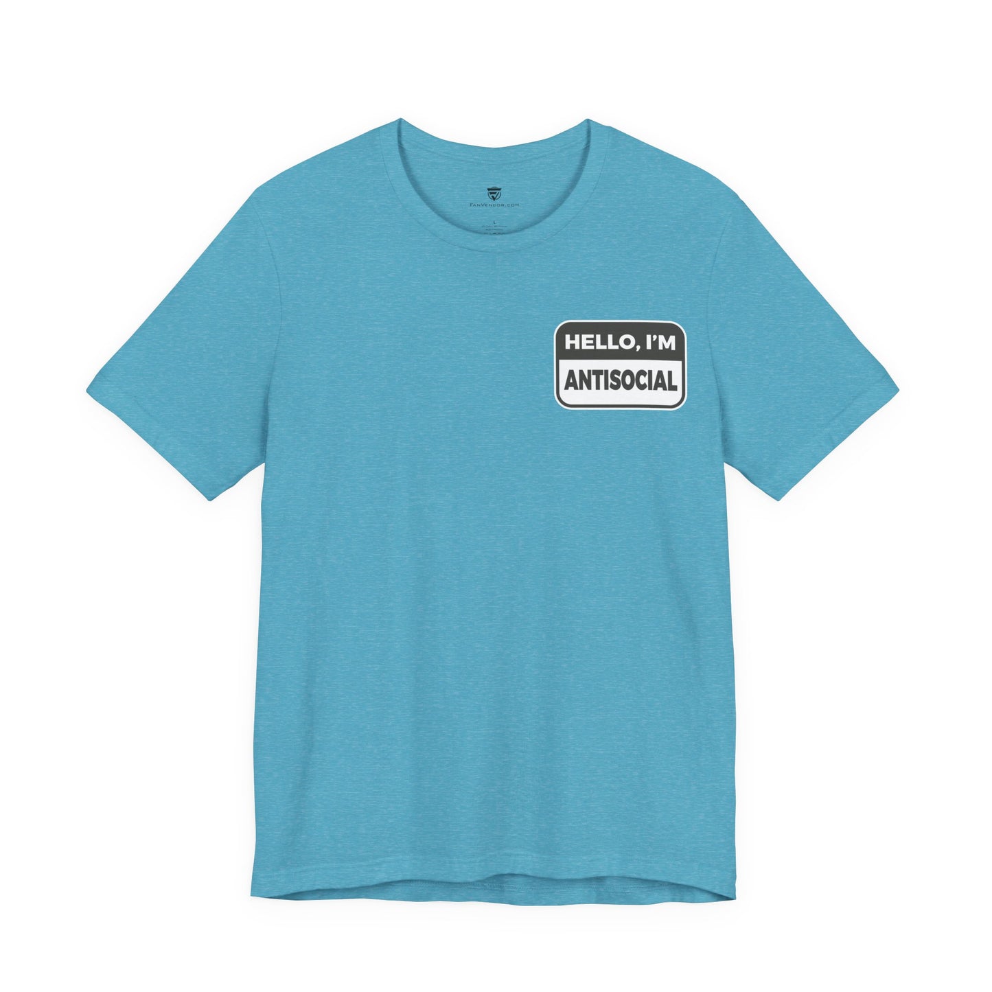 Blue t-shirt with 'Hello, I'm Antisocial' text on a white background
