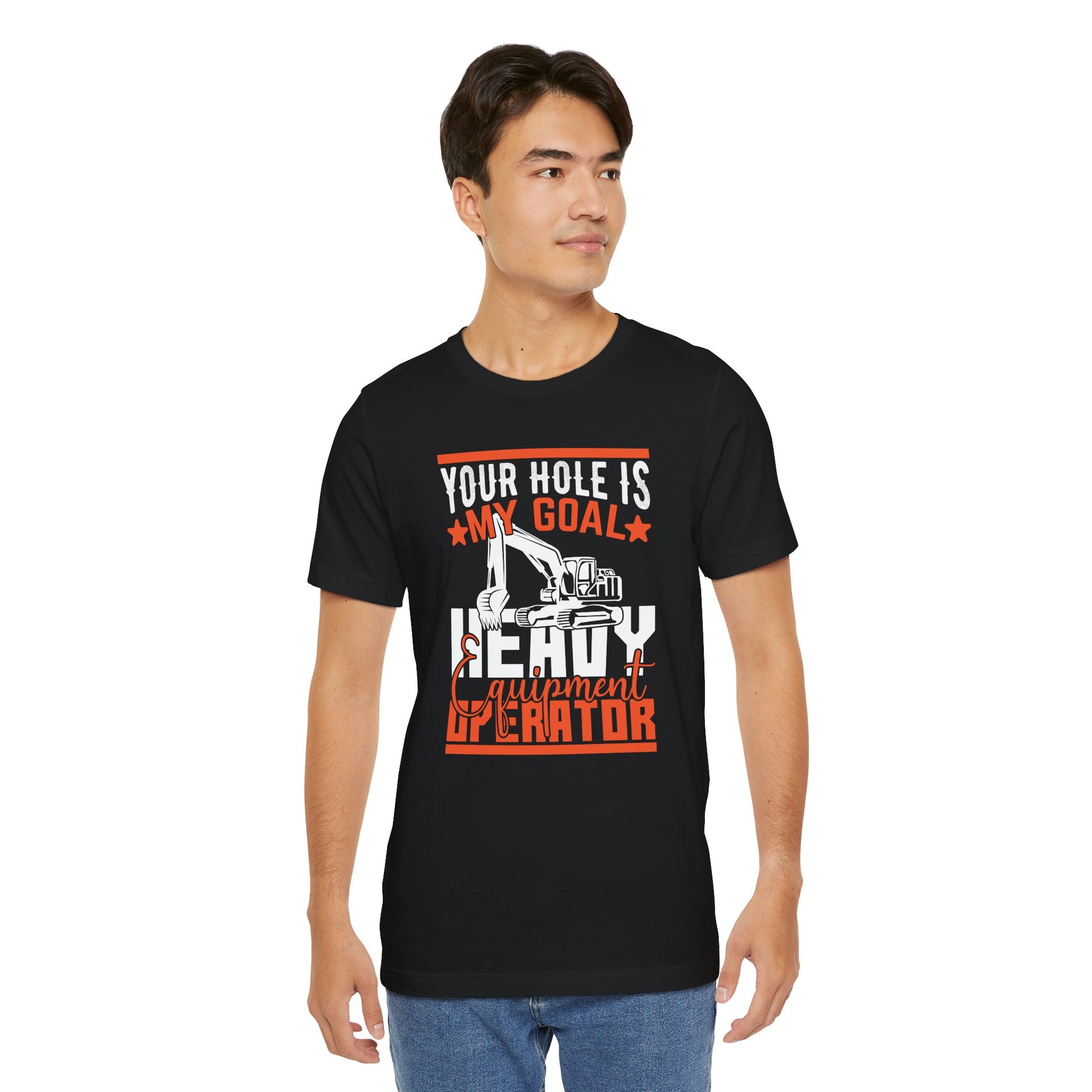 Man wearing a black t-shirt with a graphic and text on a white background