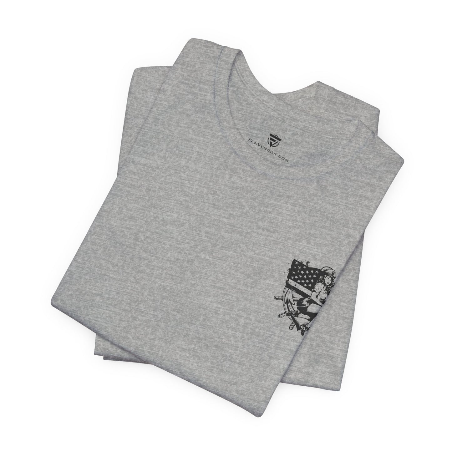 Folded gray t-shirt with a graphic design on a white background