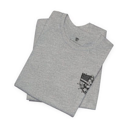 Folded gray t-shirt with a graphic design on a white background