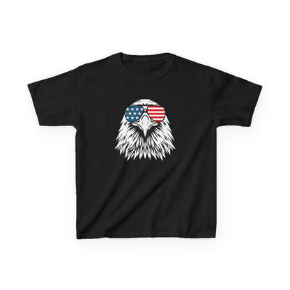 Black t-shirt with an eagle design wearing American flag sunglasses on a white background