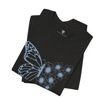 Black t-shirt with blue butterfly and floral design on a white background
