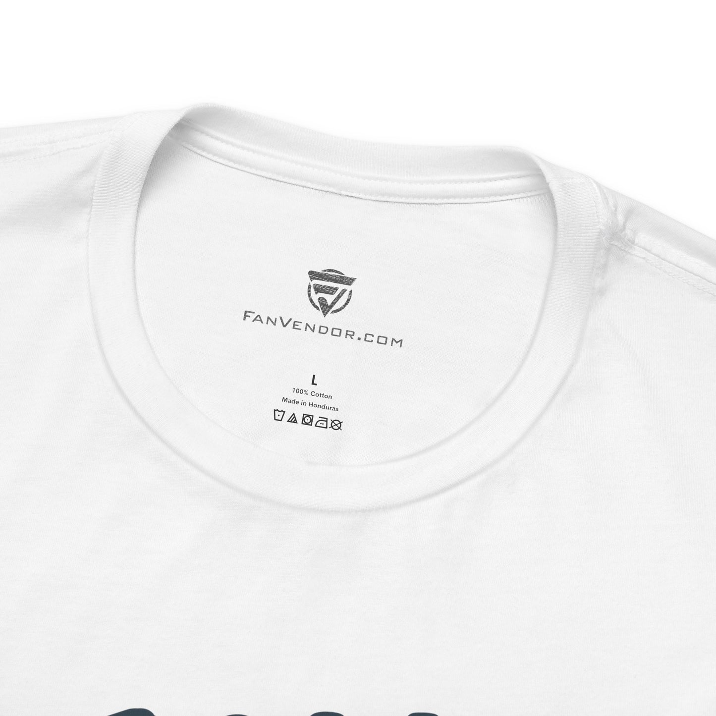 Close-up of a white t-shirt with 'Fanvendor.com' branding on the collar.