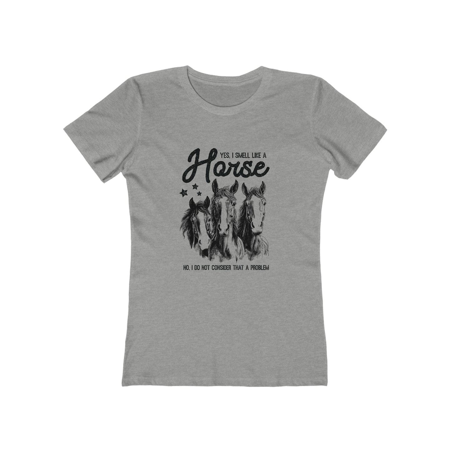 Gray t-shirt with horse graphic and text on a white background