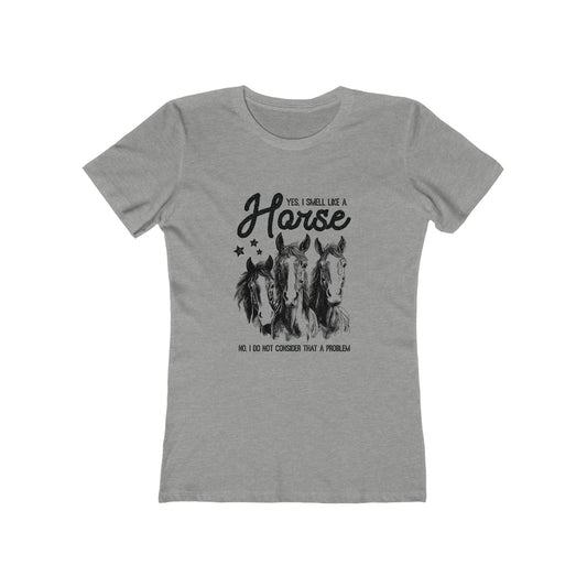 Gray t-shirt with horse graphic and text on a white background