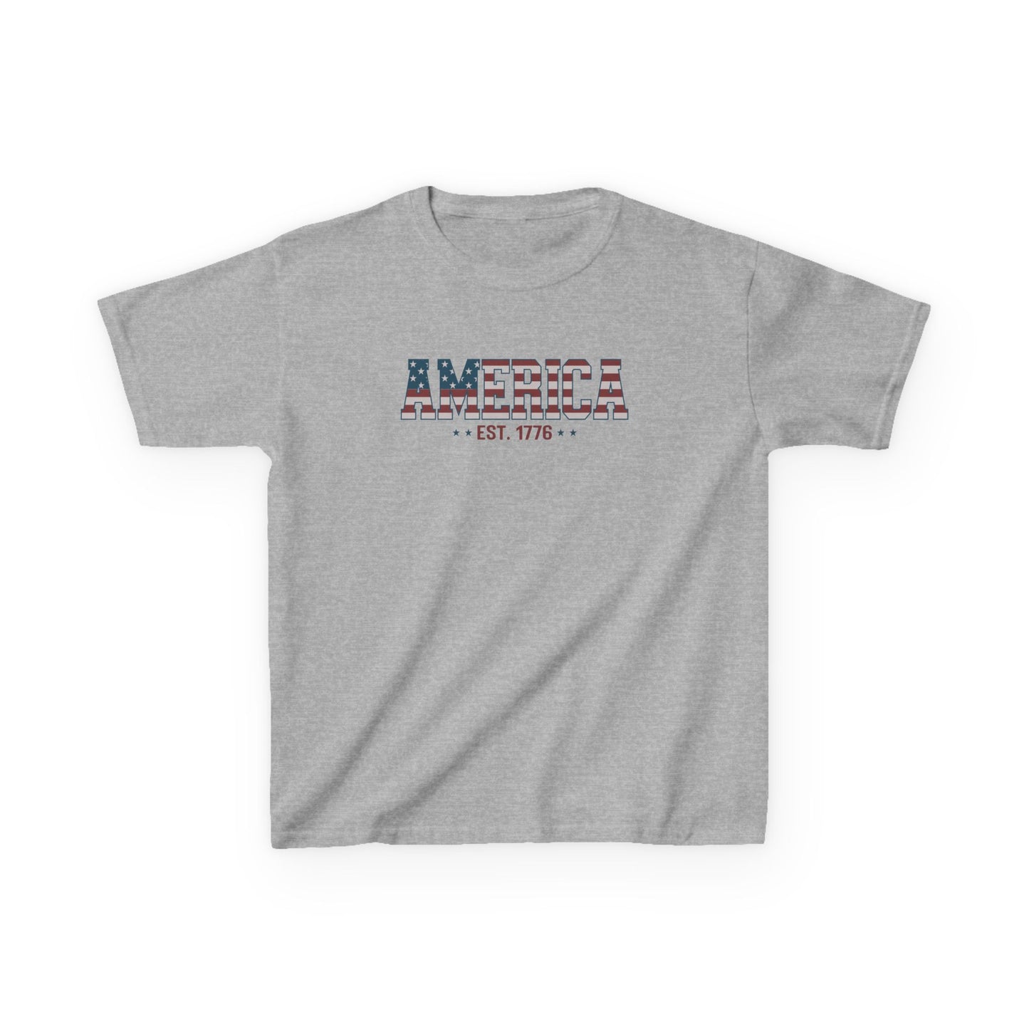 Gray t-shirt with 'America Est. 1776' text design on a white background
