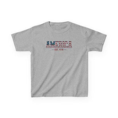Gray t-shirt with 'America Est. 1776' text design on a white background