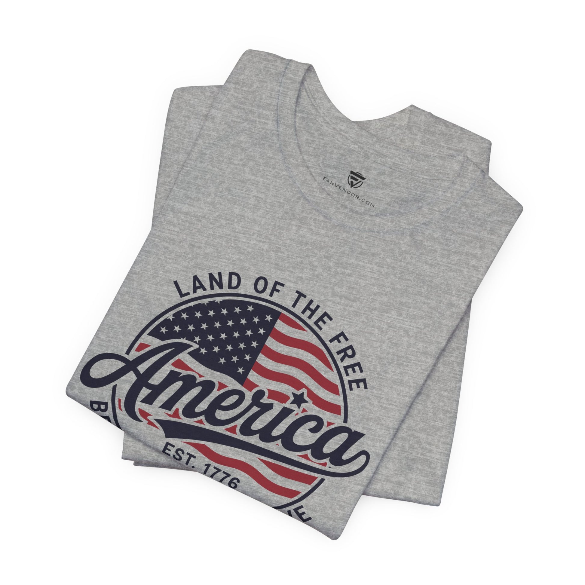 Gray t-shirt with 'Land of the Free America' design on a white background