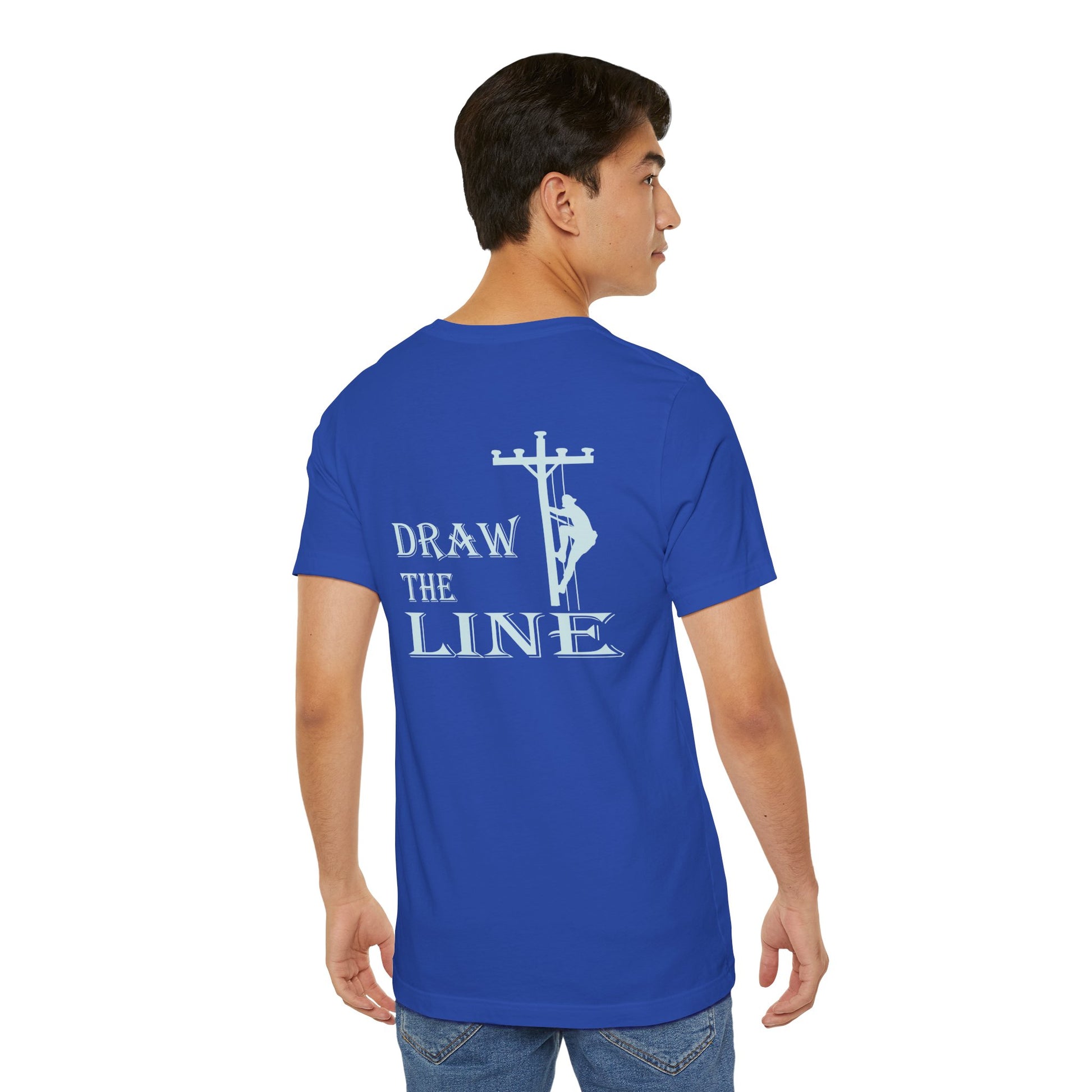 Person wearing a blue t-shirt with 'Draw the Line' graphic and text on the back.