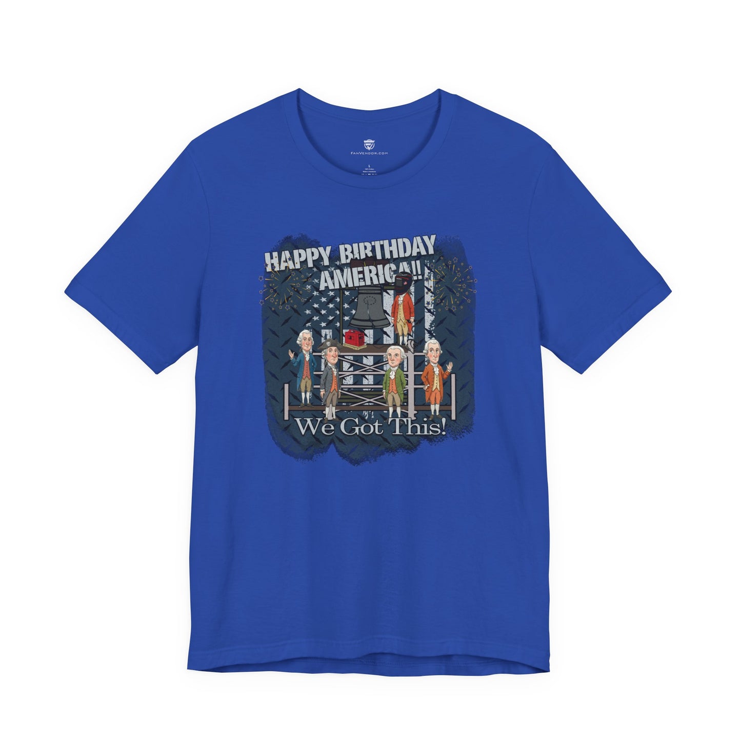 Blue t-shirt with graphic design and text on a white background