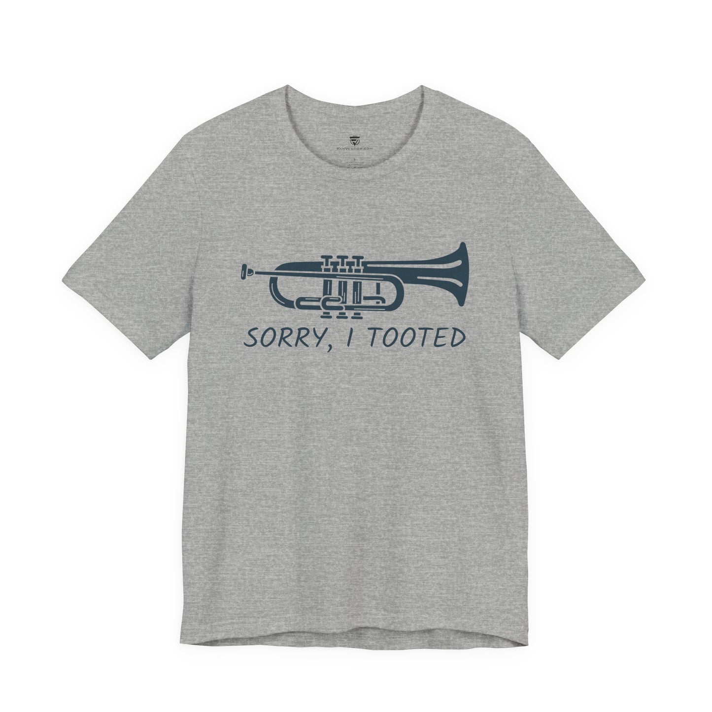Gray t-shirt with a blue trumpet graphic and text 