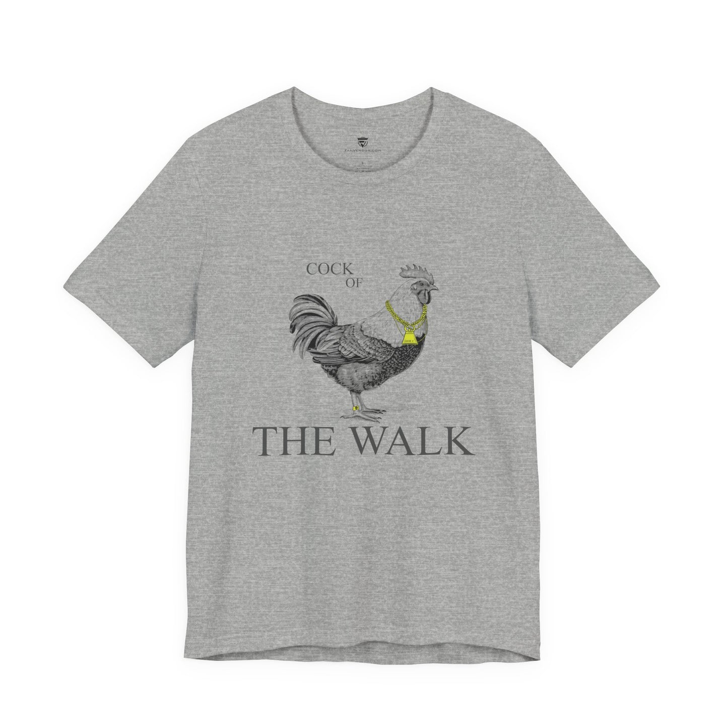 Gray t-shirt with a rooster graphic and 'Cock of the Walk' text on a white background