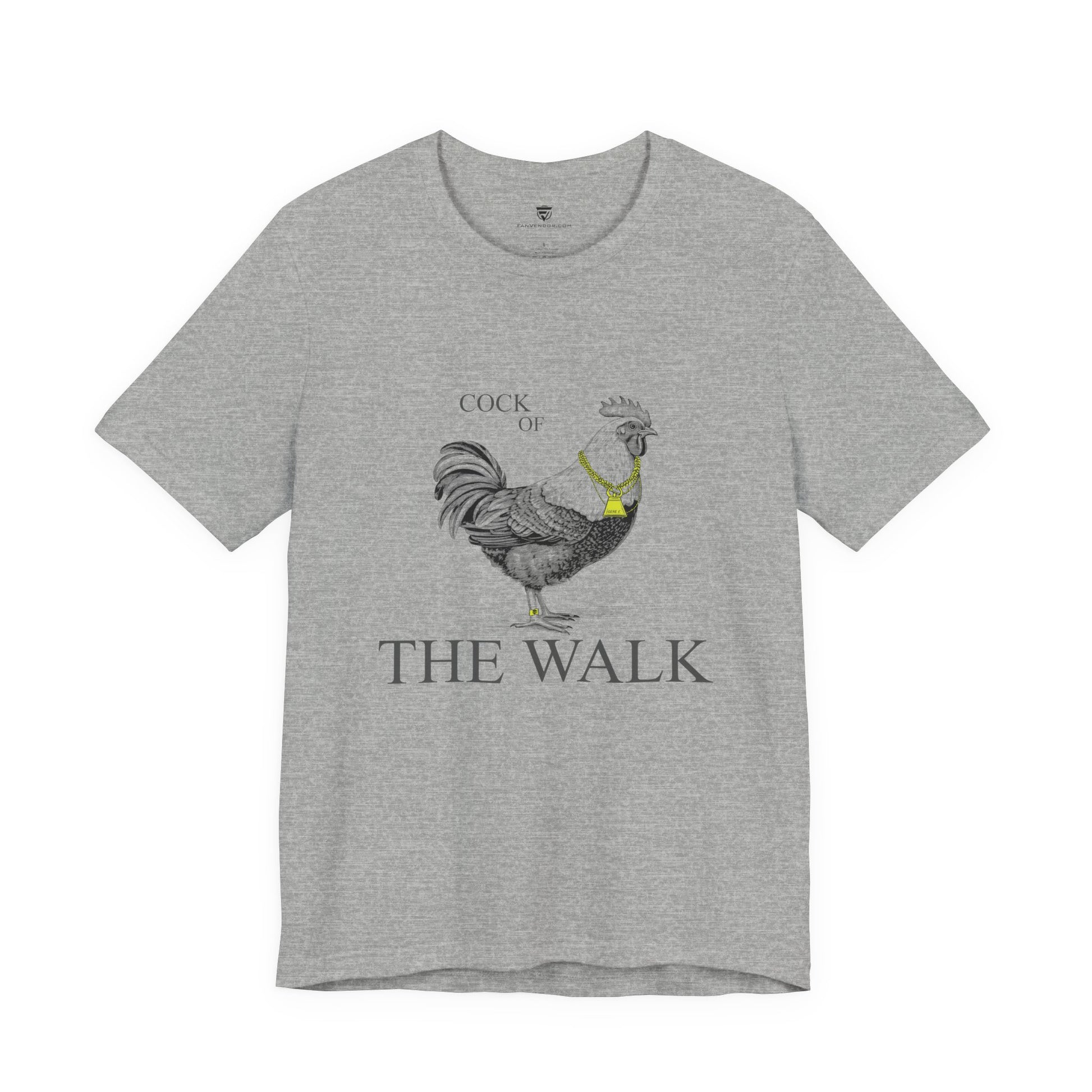 Gray t-shirt with a rooster graphic and 'Cock of the Walk' text on a white background