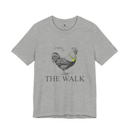 Gray t-shirt with a rooster graphic and 'Cock of the Walk' text on a white background