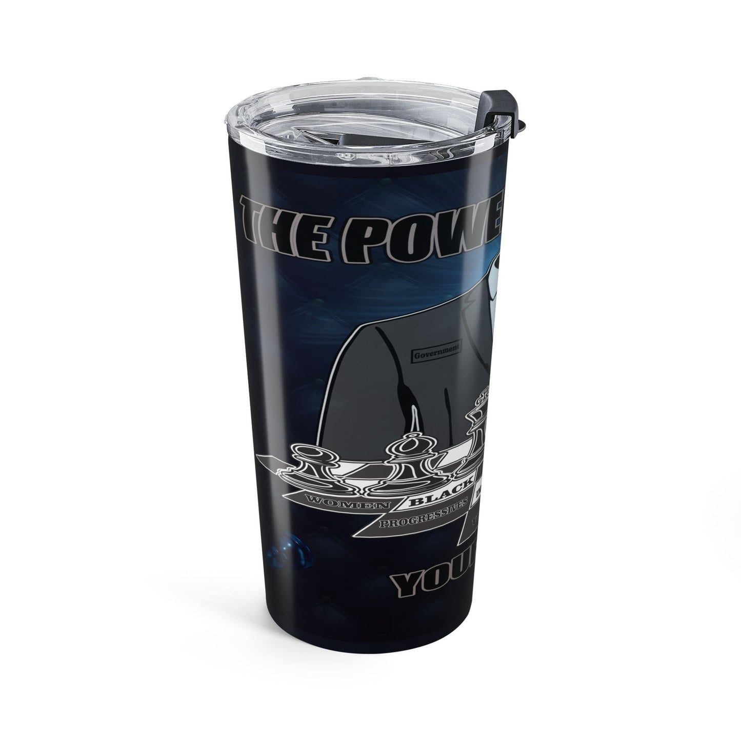 A black insulated tumbler with a clear lid and black straw, featuring a custom graphic print with the text shown on a white background.