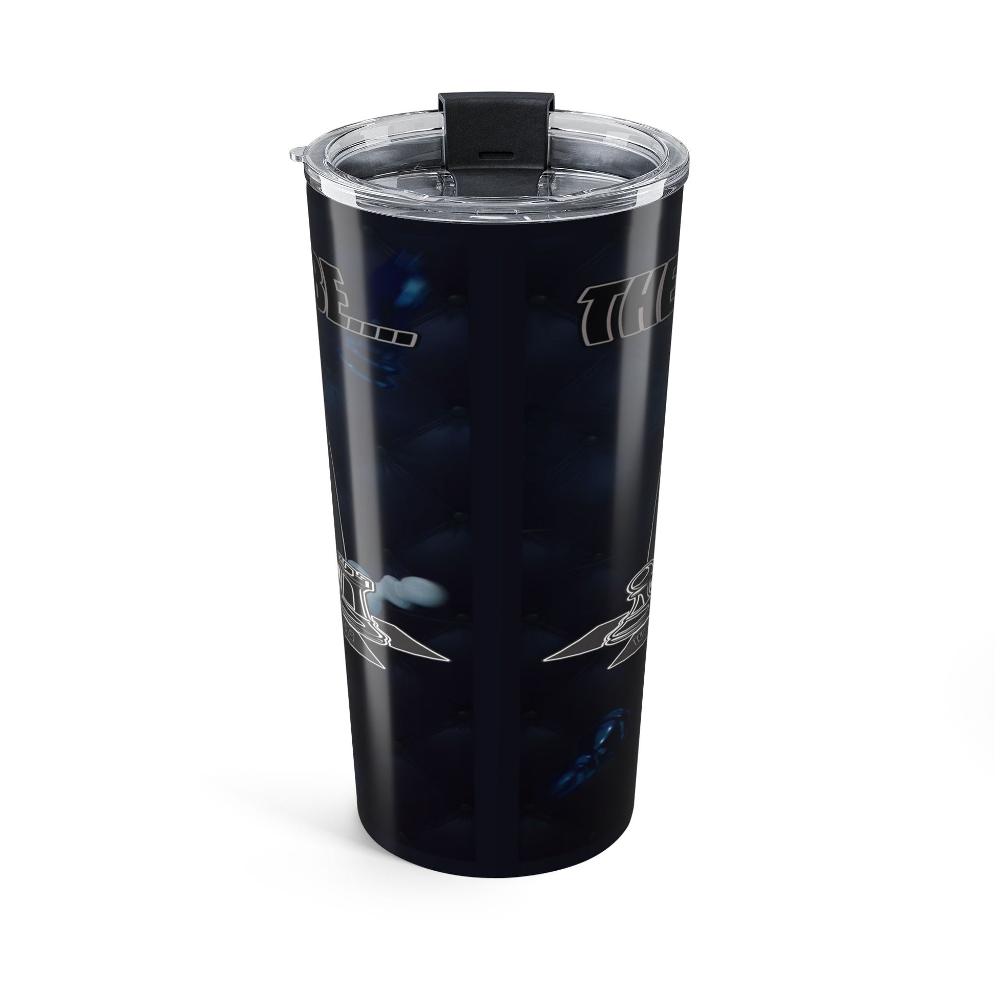 A tall black insulated tumbler with a clear lid and black flip-top straw cover, decorated with graphics on a dark background.