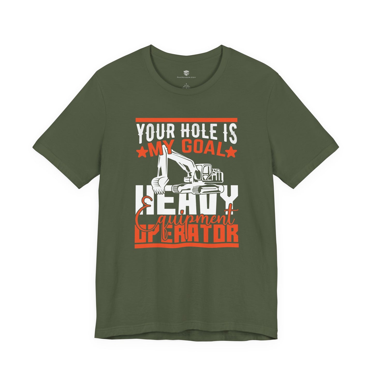 Green t-shirt with humorous construction-themed text design on a white background