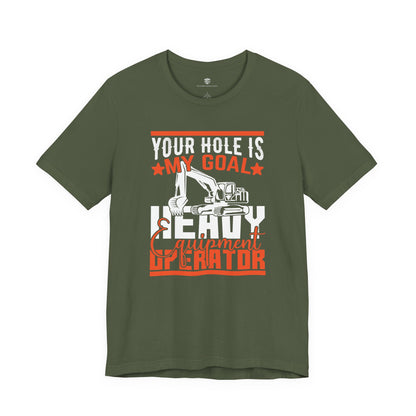 Green t-shirt with humorous construction-themed text design on a white background