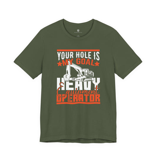 Green t-shirt with humorous construction-themed text design on a white background