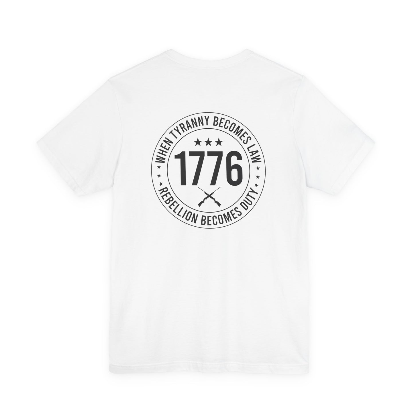 White t-shirt with black text and design on a white background