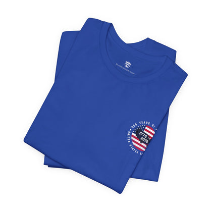 Folded blue t-shirt with a heart-shaped American flag design on a white background