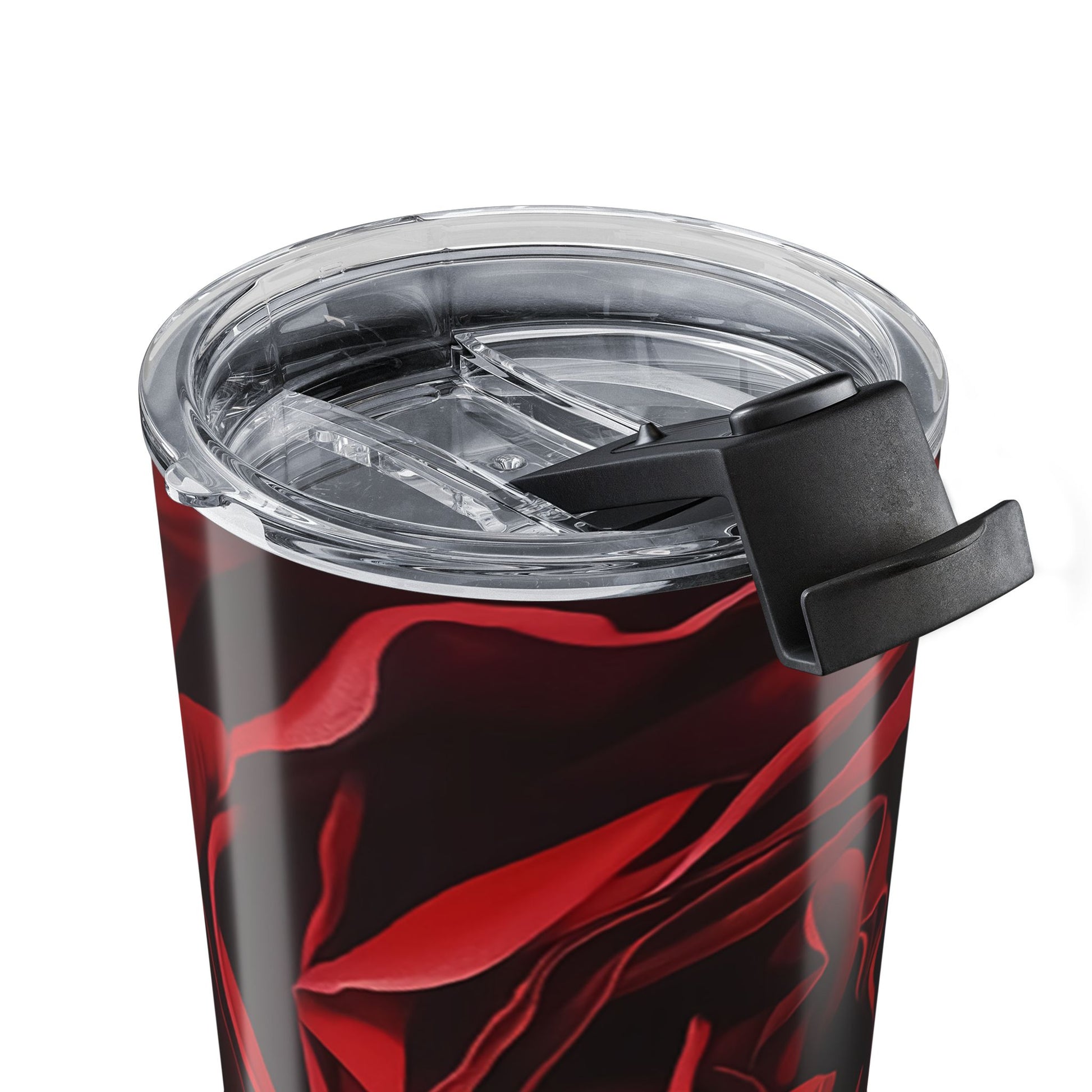 Red marbled tumbler with a clear lid and black handle on a white background