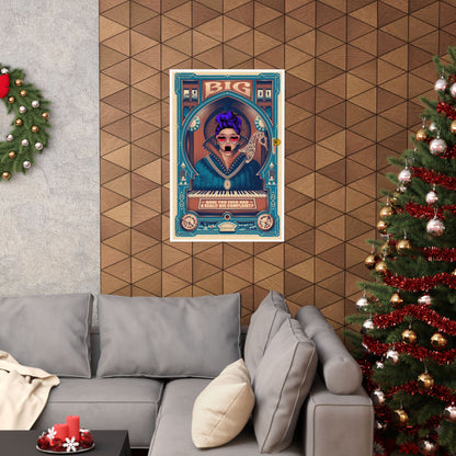 Poster of a woman with purple hair and a keyboard on a wall above a gray sofa with a Christmas tree to the right.