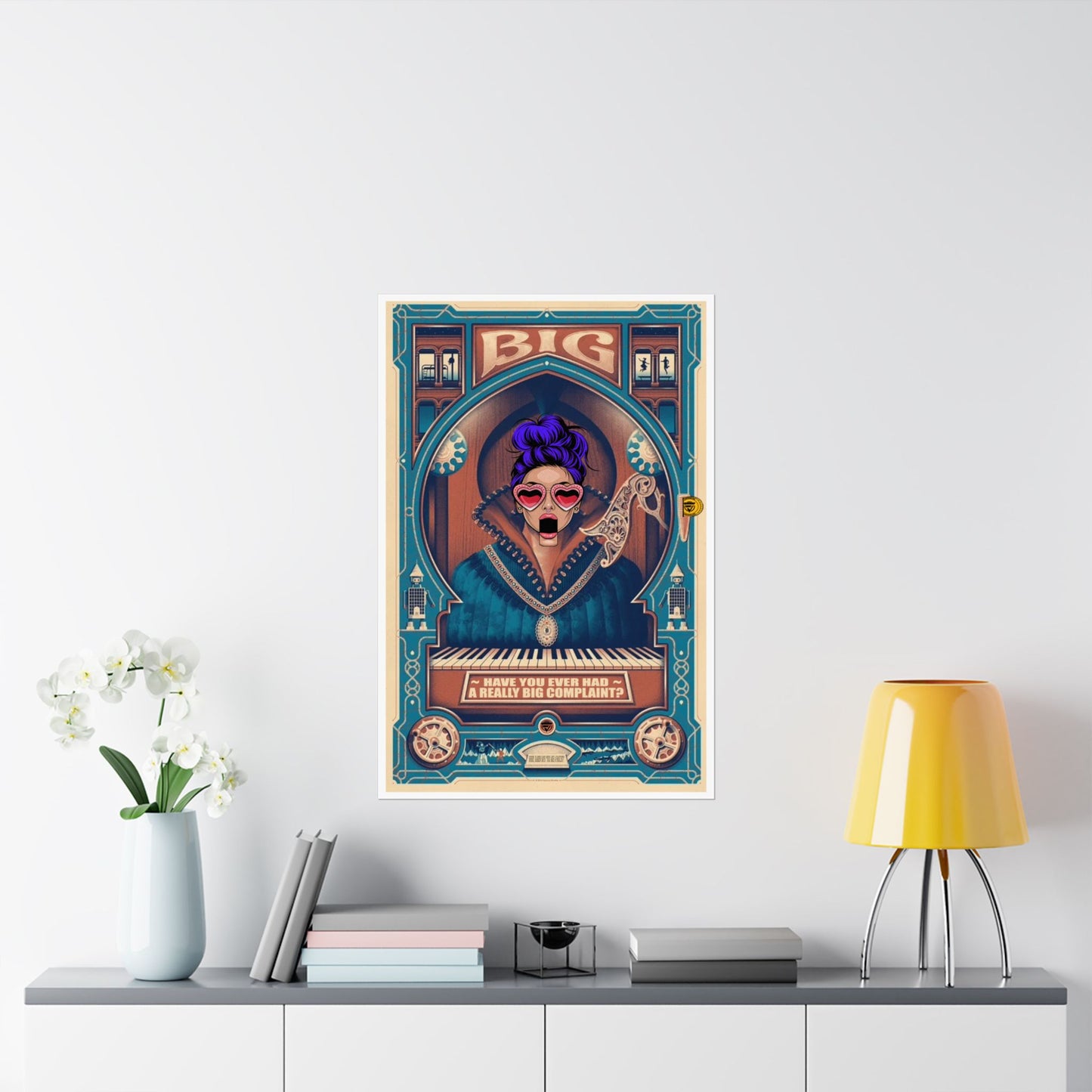Colorful poster of a person playing a keyboard on a wall above a shelf with decor items.