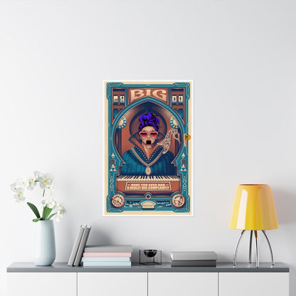 Colorful poster of a person playing a keyboard on a wall above a shelf with decor items.