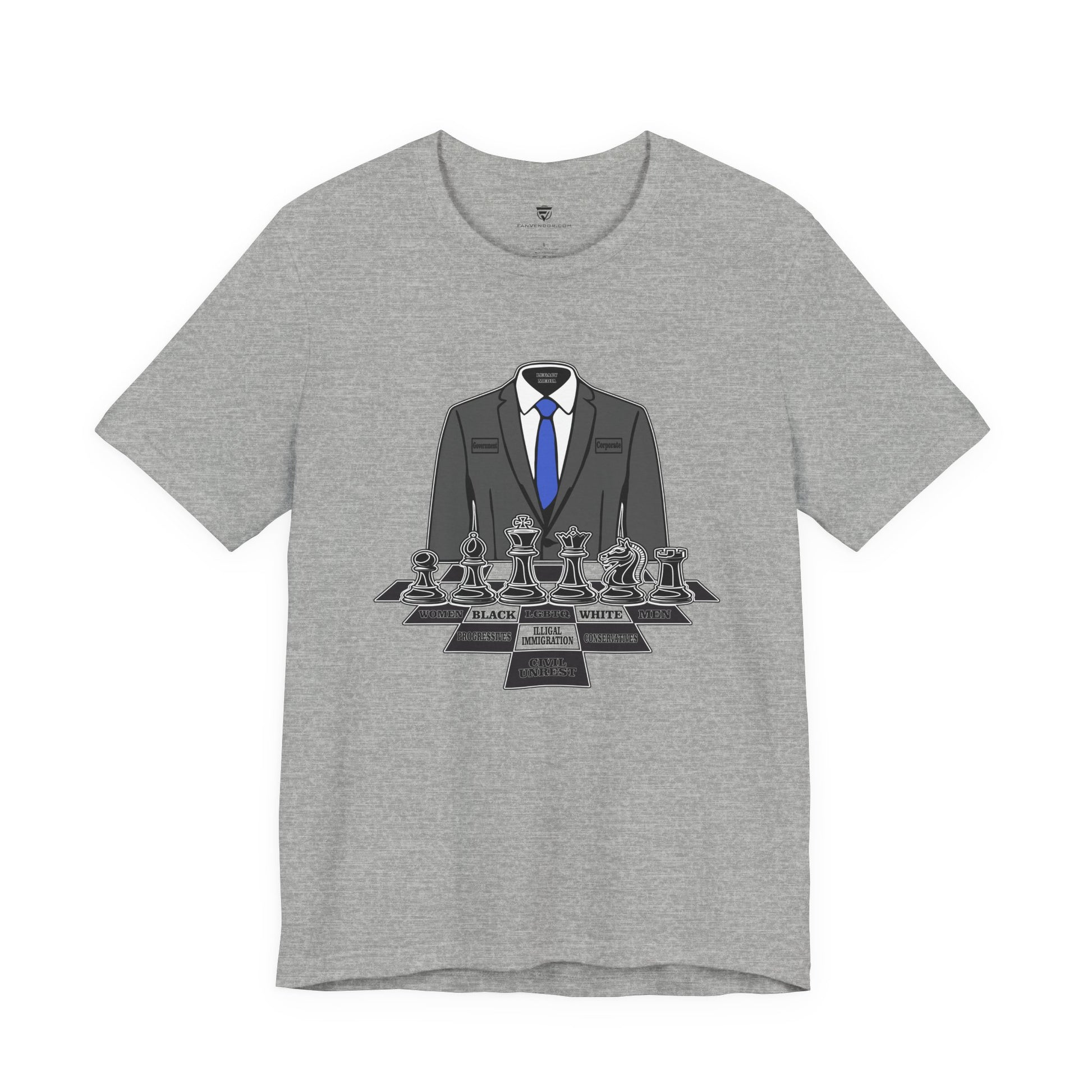 Gray t-shirt with a suit and chess piece graphic on a white background