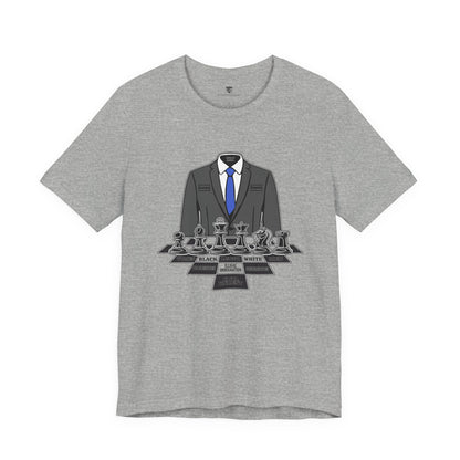 Gray t-shirt with a suit and chess piece graphic on a white background