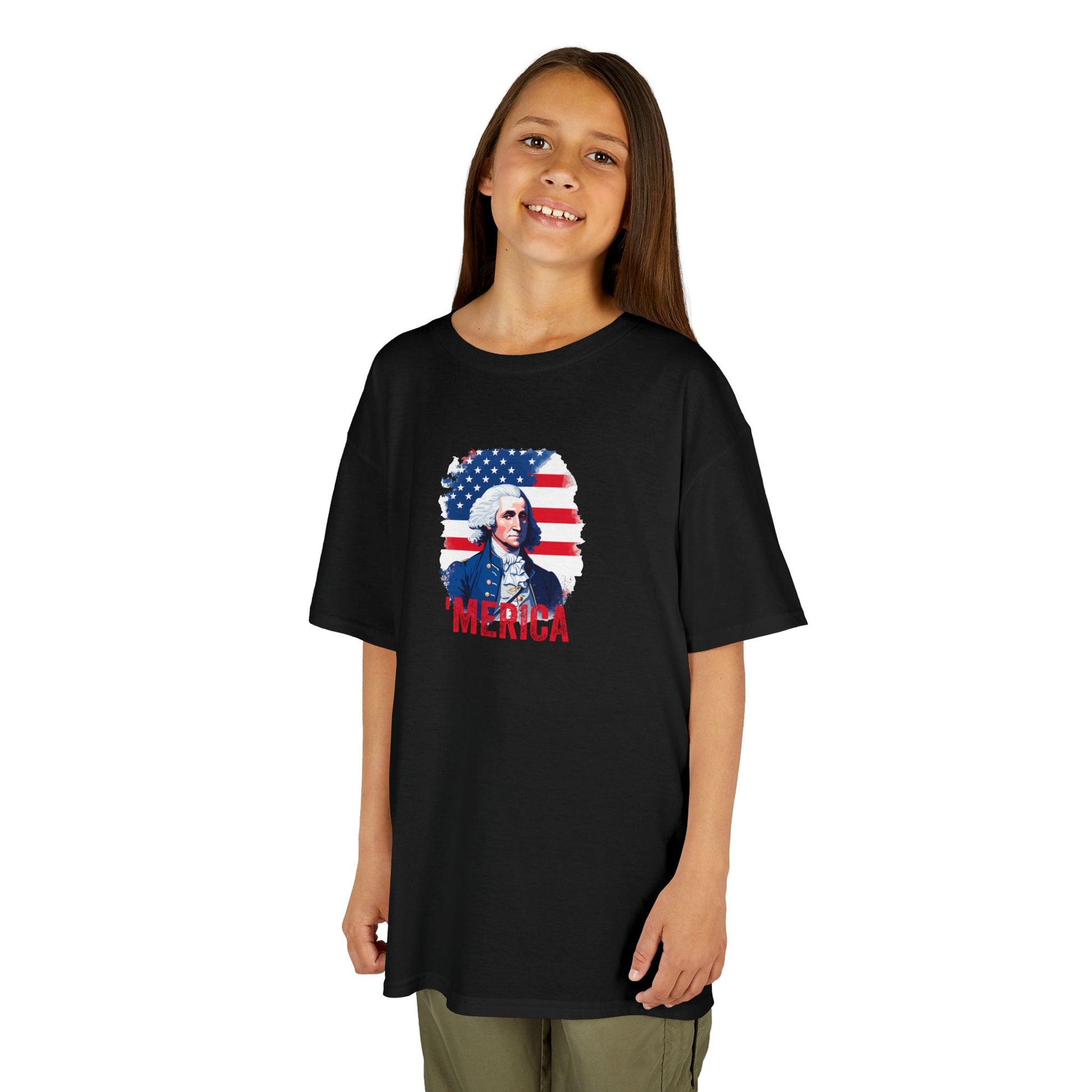 Child wearing a black t-shirt with a graphic design on a white background