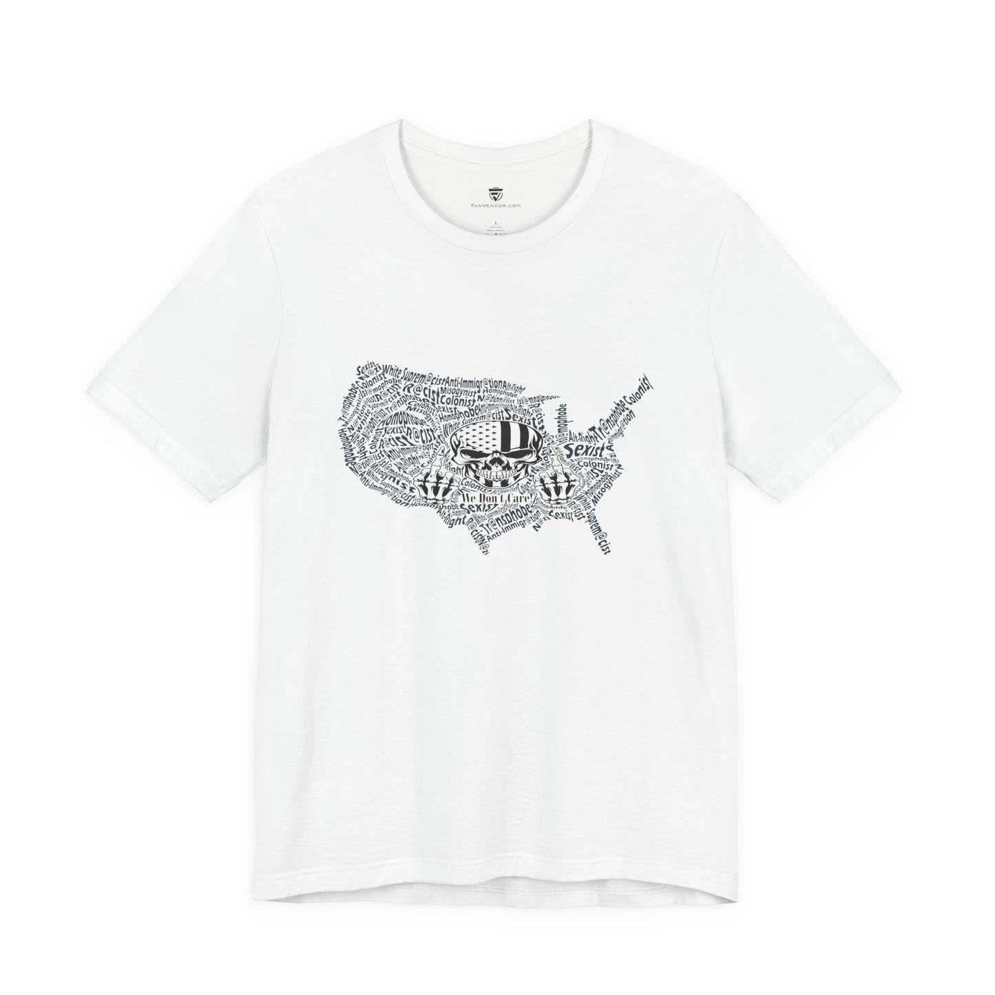 White t-shirt with black graphic design on a white background