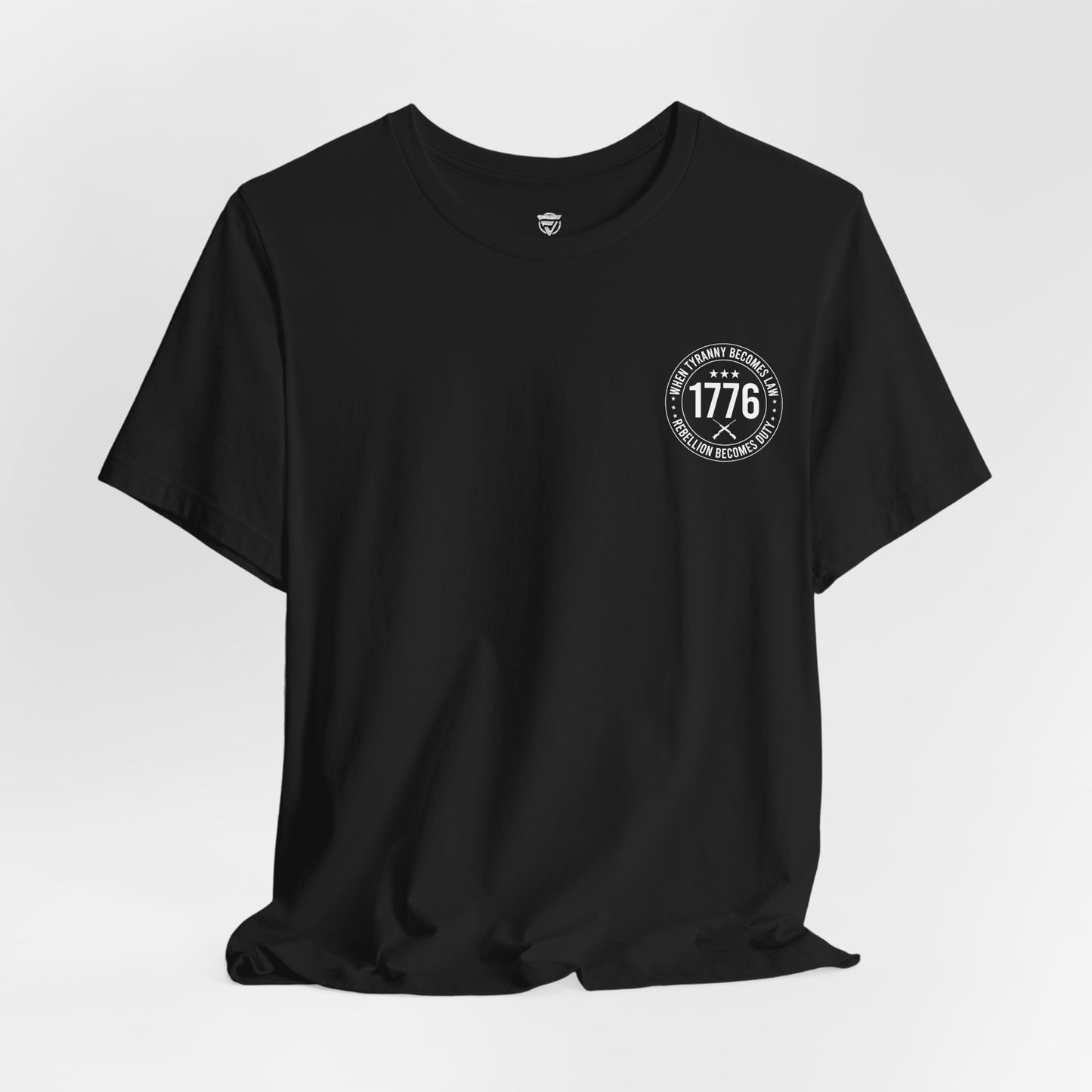 Black t-shirt with a graphic and text '1776' on a white background