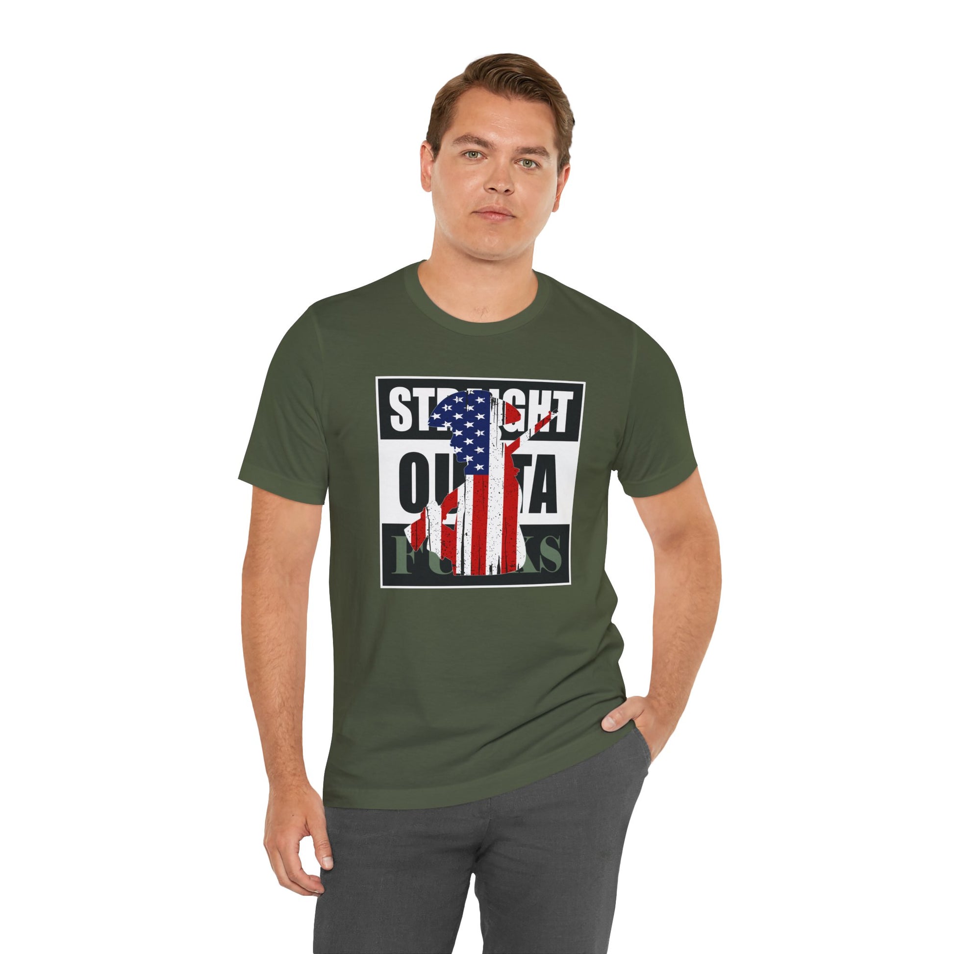 Man wearing a green t-shirt with a graphic design on a white background