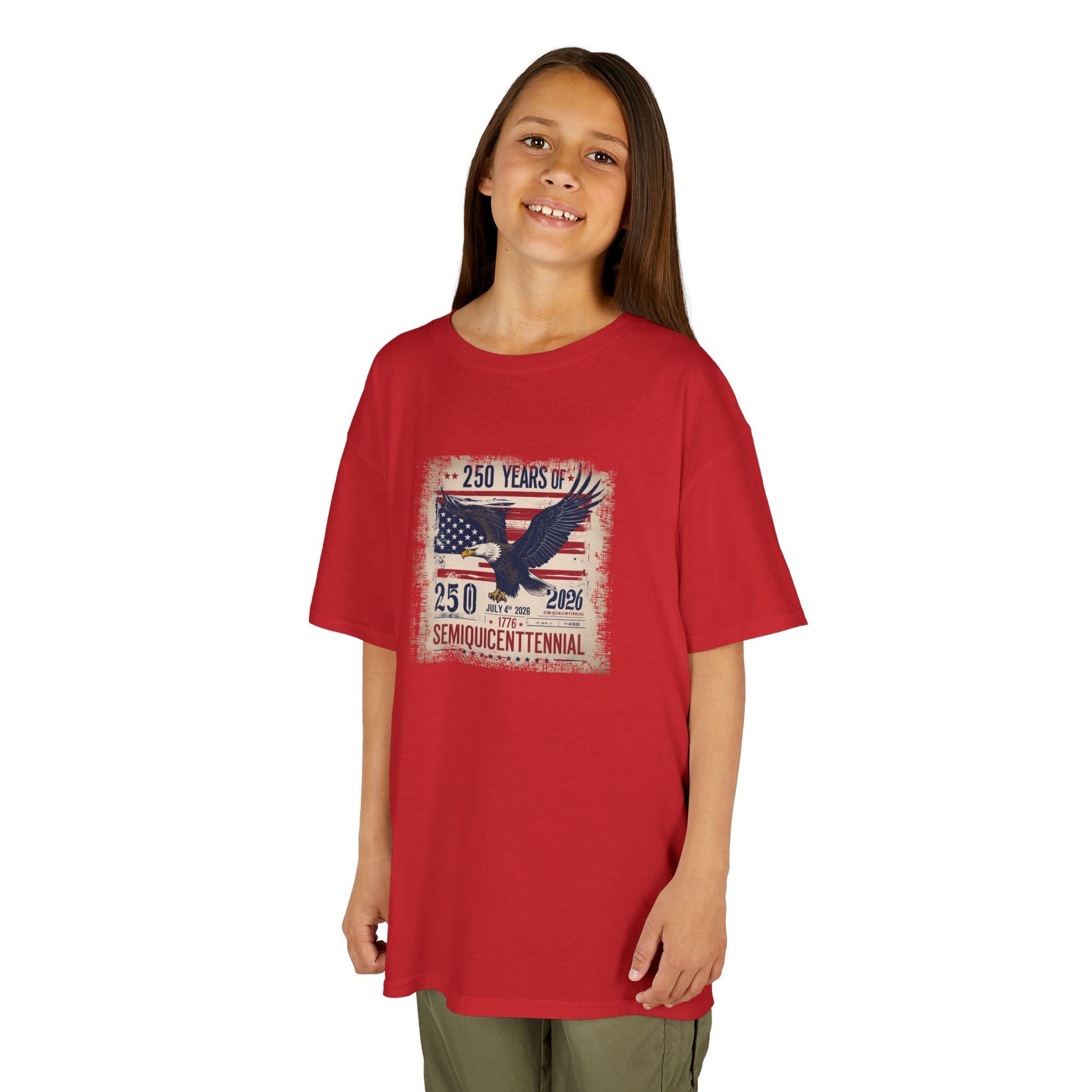Child wearing a red t-shirt with an eagle and flag design on a white background