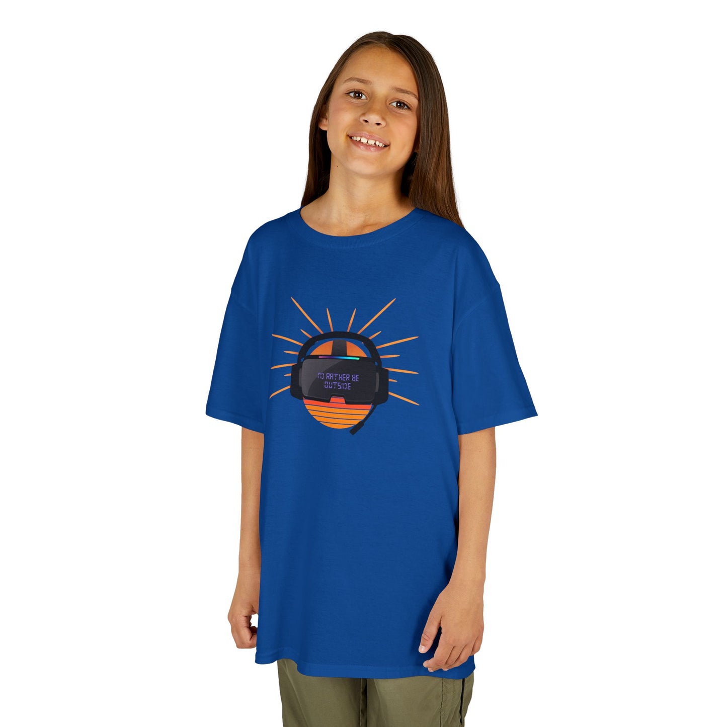 Child wearing a blue t-shirt with a graphic design on a white background