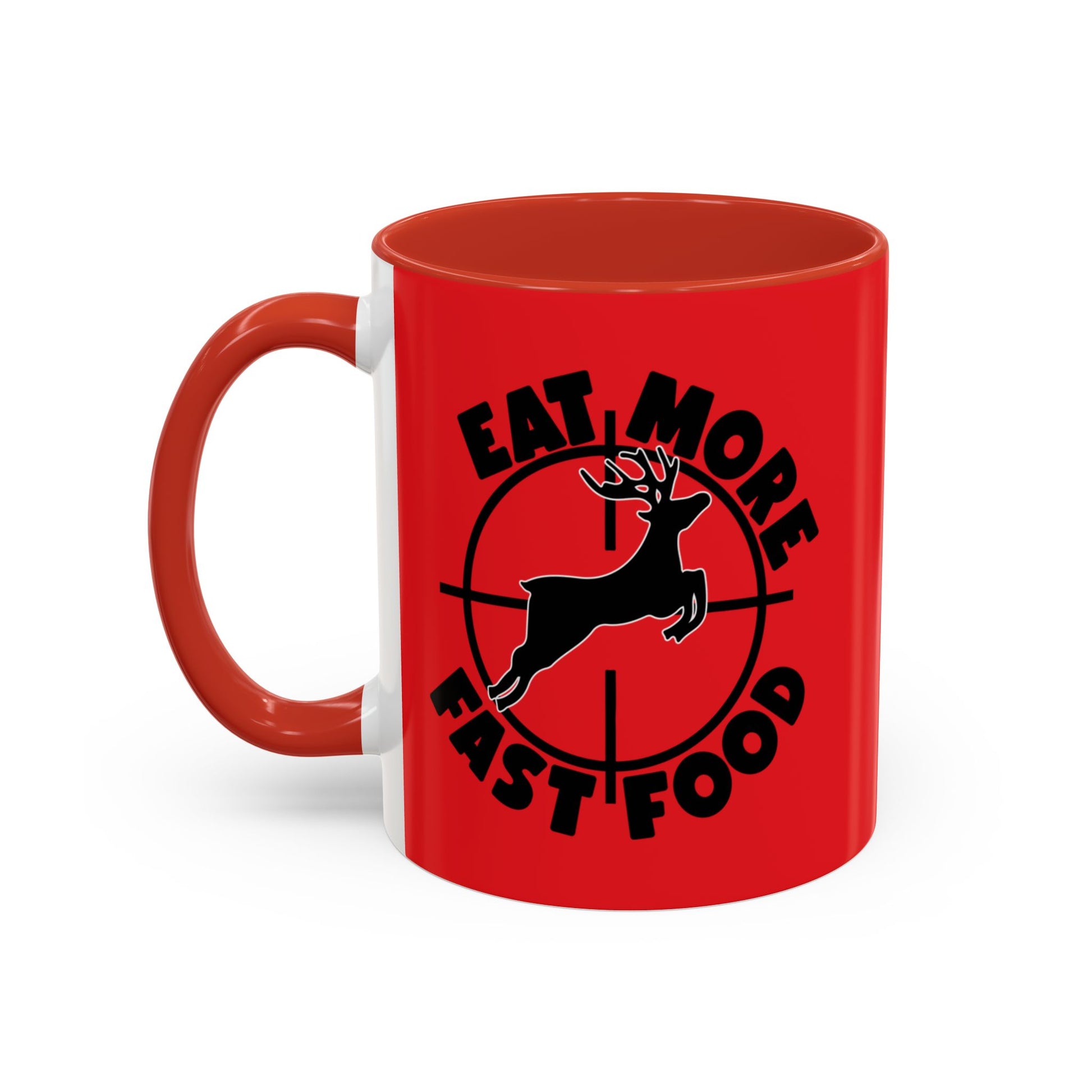 Red mug with black text and a deer graphic on a white background