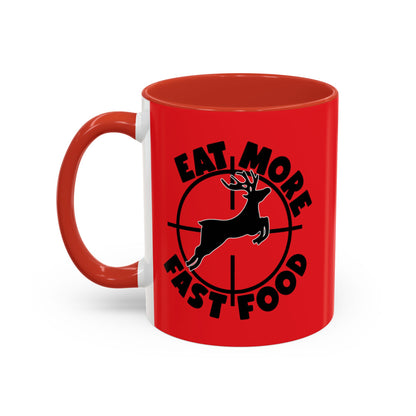 Red mug with black text and a deer graphic on a white background