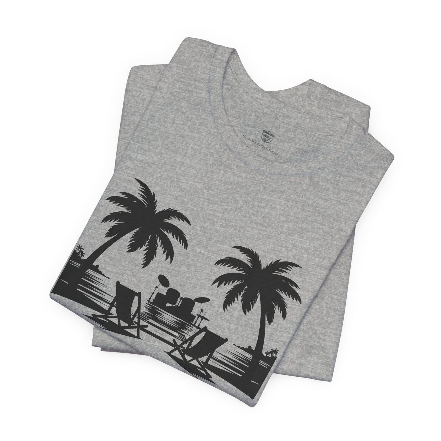 Gray t-shirt with black palm tree and beach chair design on a white background