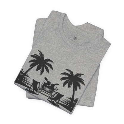 Gray t-shirt with black palm tree and beach chair design on a white background